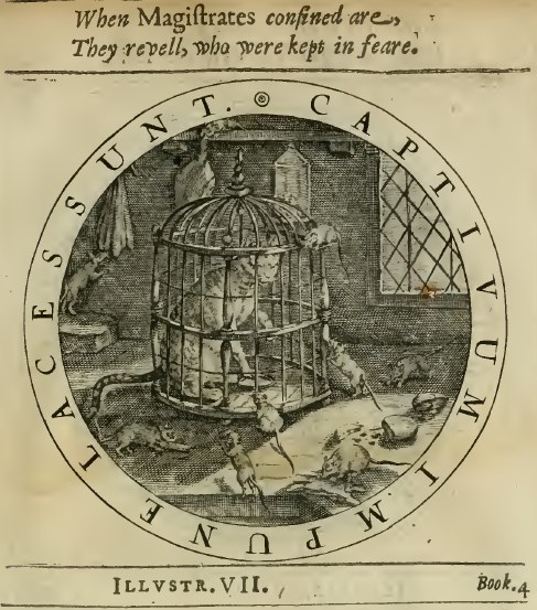 Ein altes Buch mit einer detaillierten Illustration eines Vogels in einem prunkvollen Käfig, umgeben von verschiedenen Tieren, einem Fenster und dekorativem Text.