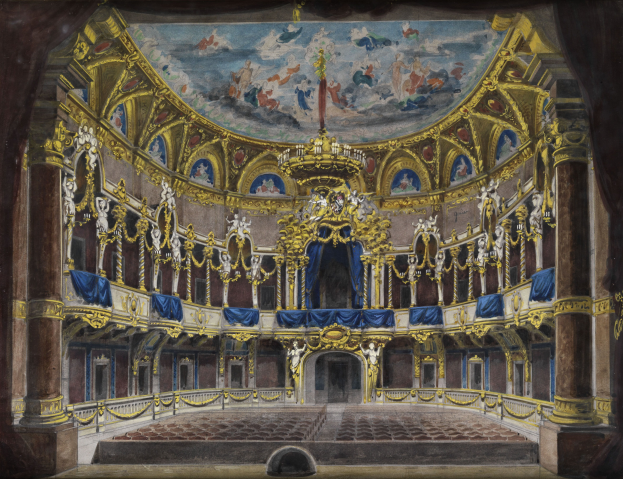 Ein Gemälde eines Theatersaals mit einer prächtigen, kunstvoll verzierten Decke, geschmückten Wänden mit Säulen, Geländern und Vorhängen und einem Teppichboden, gekrönt von einem weiteren Gemälde.