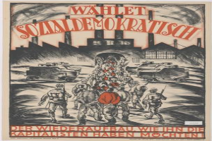 Ein deutsches Propagandaplakat für die Nationalsozialistische Deutsche Arbeiterpartei der Sowjetunion, das eine Gruppe von Menschen und Fahrzeugen im Vordergrund und ein Gebäude im Hintergrund zeigt, mit der Aufschrift "Wählt Sozialdemokratisch - der Wiederaufbau wie die Kapitalisten ihn haben möchten".