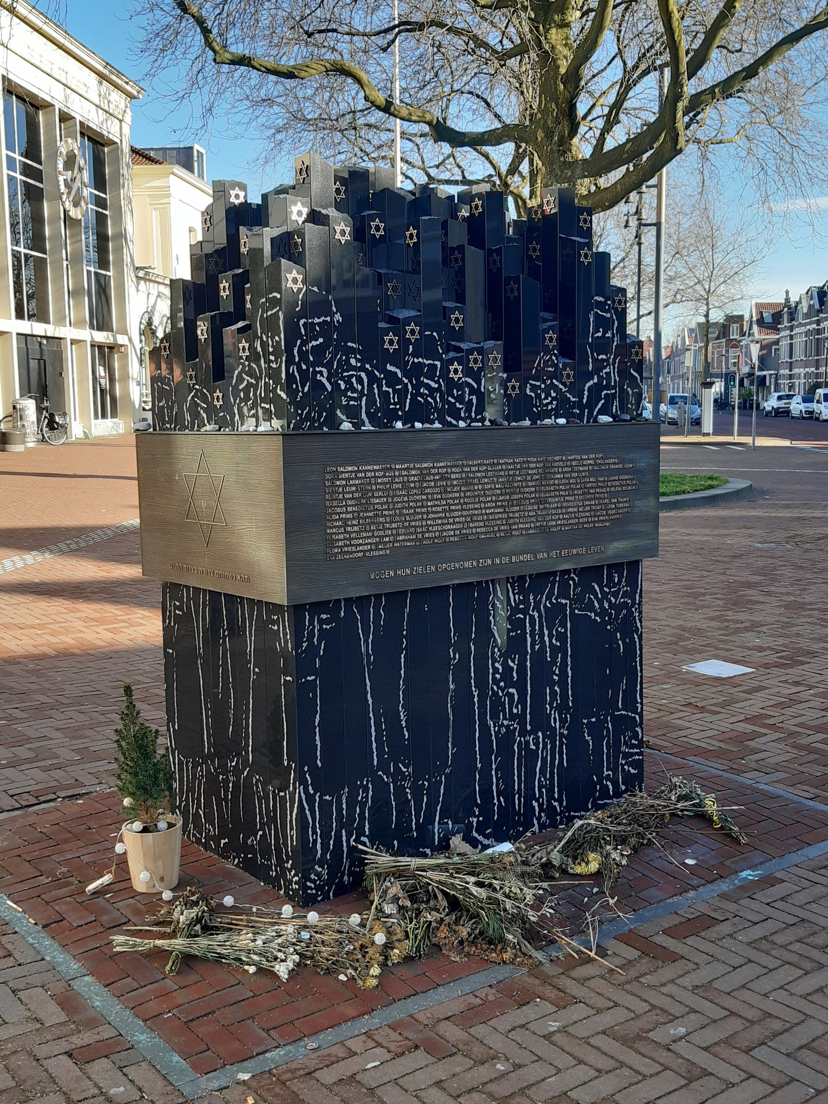 Denkmal in einem Stadtplatz für Holocaust-Opfer, mit einem Baum davor, einem Topf auf dem Boden, verstreuten trockenen Blättern und Gebäuden, Fahrzeugen, Masten und Bäumen im Hintergrund.