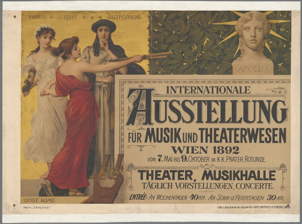 Plakat für die Internationale Ausstellung für Musik und Theaterwesen in Wien, Österreich, das eine Gruppe von Menschen in einem Kreis mit einer Frau, die ein Musikinstrument hält, in der Mitte zeigt und Texte, die Details des Ereignisses bereitstellen.