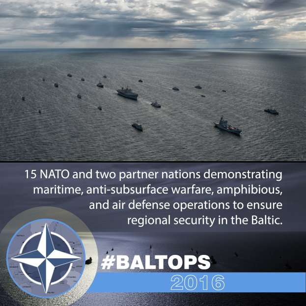 Gruppe von Schiffen auf dem Wasser mit bewölktem Himmel, mit Text und Logo über NATO-Meer- und Luftverteidigungsoperationen in der Ostsee.