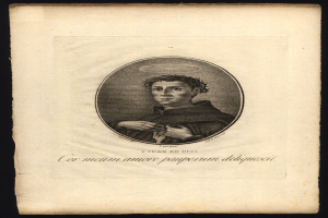 Ein altes Buch mit einer Schwarz-Weiß-Zeichnung eines Mannes mit einem weißen Gewand und einer blauen Schärpe, der direkt in die Kamera schaut, umgeben von kursivem Text in einem weißen Rand.