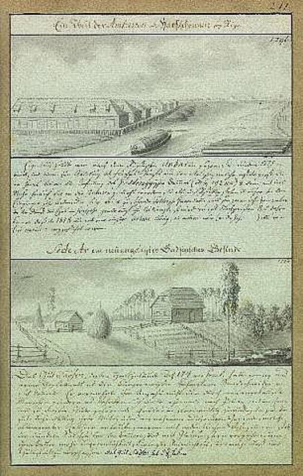 Altes Buch mit einer 17. Jahrhundert-Illustration einer Stadtansicht, die eine unter Bau befindliche Bahnstation zeigt, mit Text, H"ausern, B"umen und anderen Gegenst"anden.