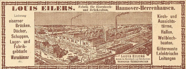 Eine alte Werbung für die Louis Eilers Hannover-Herrenhausen-Fabrik, die das Fabrikgebäude mit Textüberlagerung zeigt.