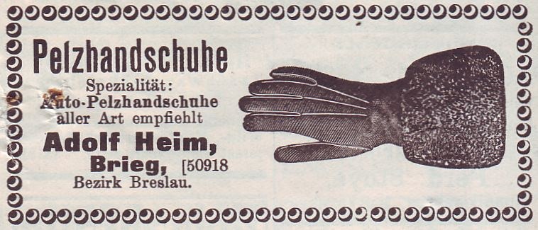 Alte deutsche Visitenkarte mit einer Illustration von einem Paar Handschuhe und gedrucktem Text, der den Inhalt beschreibt.