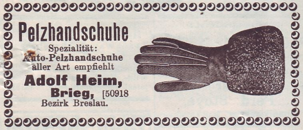 Alte deutsche Visitenkarte mit einer Illustration von einem Paar Handschuhe und gedrucktem Text, der den Inhalt beschreibt.