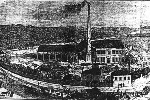 Eine Schwarzweiß-Zeichnung einer Fabrik in einem Feld mit Gebäuden, Bäumen und einem Mast im Vordergrund und Text unten, der "The New York State Penitentiary" lautet.