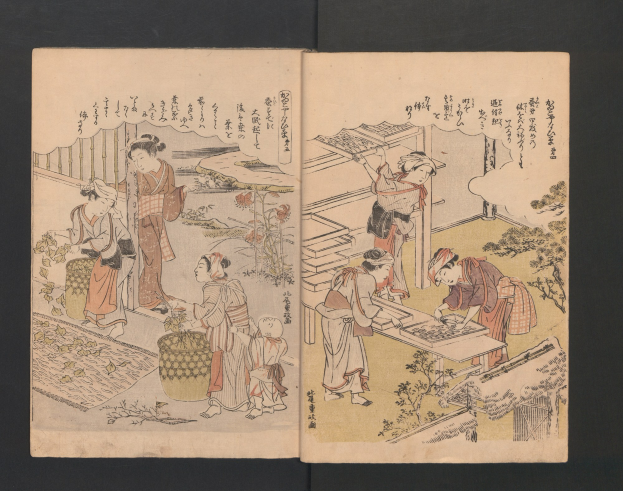 Ein traditionelles japanisches Ukiyo-e-Druck aus der Serie *Fifty-Three Stations of the Tokaido*, das eine GartenSzene mit Menschen in Kimonos zeigt, die Aktivitäten wie Schach betreiben, umgeben von üppiger Vegetation und einem hellblauen Himmel.