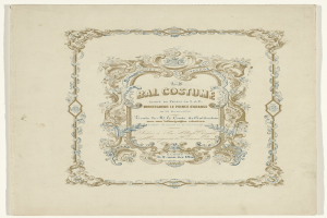 Ein altes Buch mit einem blauen und weißen, detaillierten Design auf dem Cover, mit der Inschrift "Bal Costume"