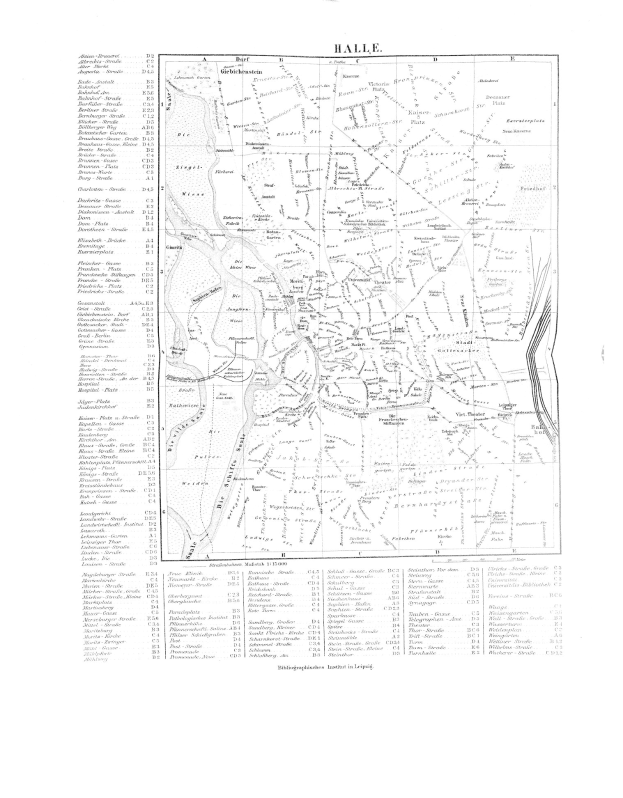 Schwarz-weiß-Karte von Halle, Deutschland, mit detailliertem Text und Stadtplan.