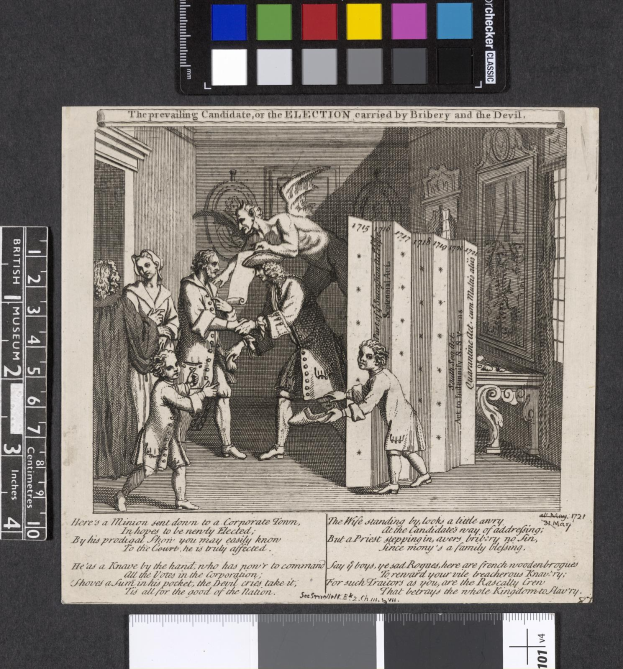 Eine Schwarz-Weiß-Radierung einer Gruppe von Menschen in einem Raum, die sich um ein zentrales Papier mit Text und Farboptionen oben versammelt haben, symbolisiert eine korrupte Wahl.