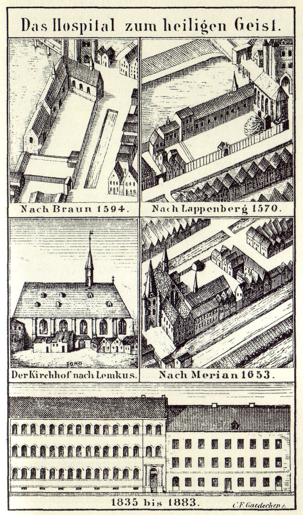Detailreiche Abbildung eines deutschen Krankenhausgebäudes auf einem Plakat mit sichtbaren Fenstern, Türen und Balkonen, begleitet von Text, der seine Größe, Lage und Merkmale beschreibt.