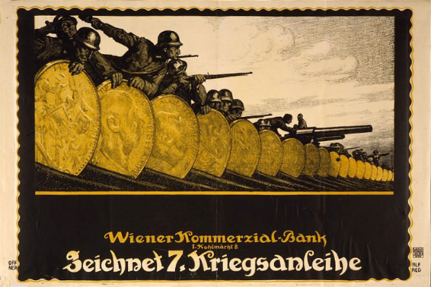 Eine Gruppe von Helme tragenden Individuen mit Waffen, mit 'Wiener Kommmerzial Bank' Text unten, auf einem deutschen Weltkriegspropagandaplakat der deutschen Armee.