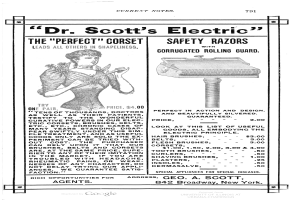 Das Gesicht einer Frau neben Textwerbung für Dr. Scotts Elektrische Rasierer und ihre Funktionen.