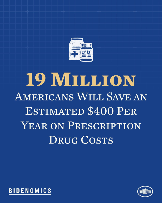 Blauer Hintergrund mit wei├čer Schrift und Logo, das '19 Millionen Amerikaner werden sch├Ątzungsweise 400 USD pro Jahr an Arzneikosten sparen' angibt.