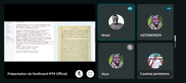 Ein Präsentationsbildschirm mit einer Gruppe von Menschen, einem Textdokument links daneben und Icons mit der Beschriftung "Fédération de ferdinand if99 Official" unten.