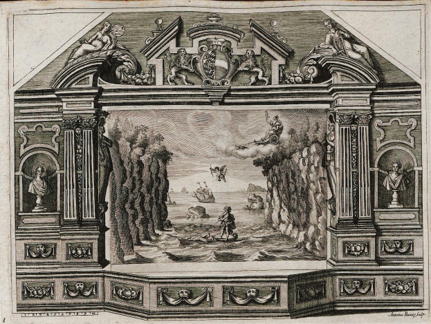 Schwarze und weiße Radierung eines Raums mit einer detaillierten 16. Jahrhundert-Szene auf der Wand, einschließlich Skulpturen, Figuren und Bäume sowie dekorativer Text unten.