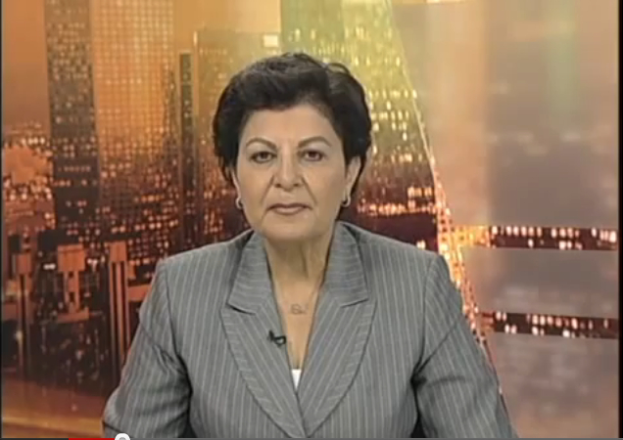 Eine Frau in einem Business-Outfit sitzt vor einem Fernseher, im Hintergrund sind ein paar Gebäude zu sehen.