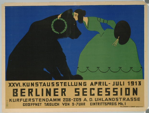 Plakat für die Berliner Secession 1913, das eine Frau und einen Hund mit Text zeigt.