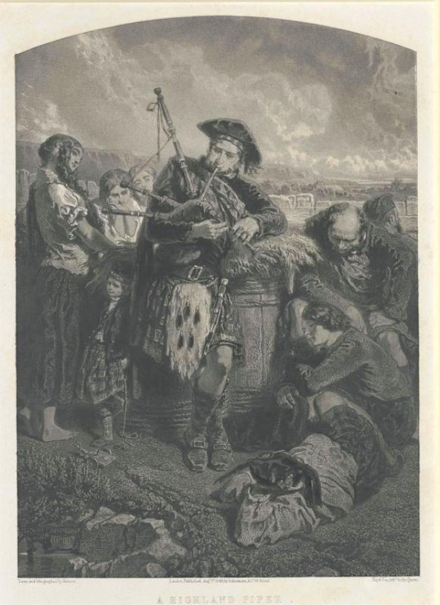 Schwarze und weiße Gravur eines Mannes, der vor einer Gruppe von Menschen eine Dudelsackpfeife spielt, mit einem bewölkten Himmel im Hintergrund, beschriftet mit "Eine Highland-Pfeife" unten.