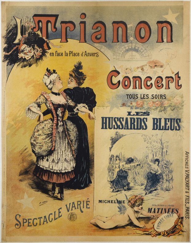 Konzertplakat mit einer Frau in einem langen, hochgeschlossenen Kleid und einem Mann in einem Anzug, der hinter ihr steht und die Arme verschränkt, beide mit ernsten Gesichtern.