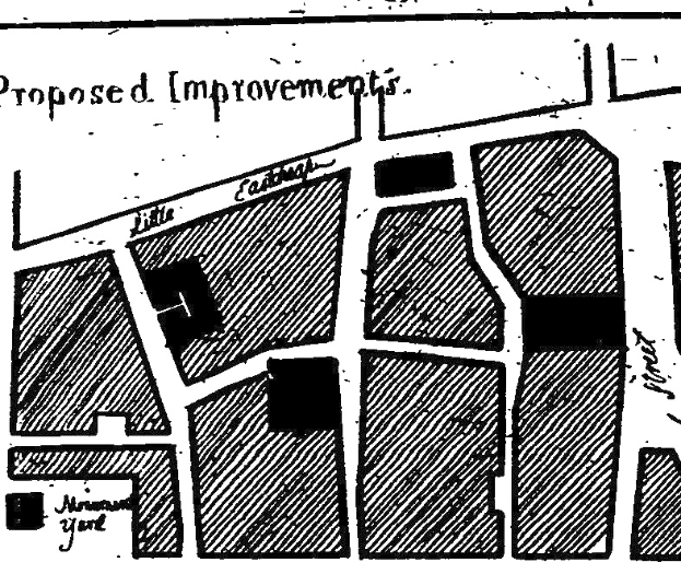Schwarze und weiße Stadtkarte mit "Vorgeschlagenen Verbesserungen"-Text, die Straßen, Gebäude und Sehenswürdigkeiten zeigt.