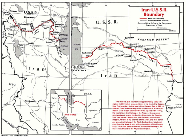 Detailierte Kartenvorlage der iranisch-sowjetischen Grenze mit geographischen Merkmalen und Landesgrenzen, begleitet von erklärendem Text.