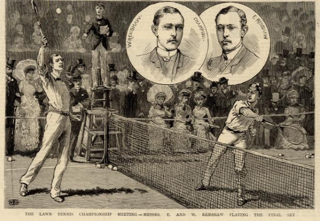Schwarz-weiß-Zeichnung von zwei Männern, die Tennis spielen, mit Zuschauern im Hintergrund und Text unten, der lautet: "The Lawn Tennis Championship Meeting - Messers, E und W Renshaw spielen das entscheidende Satz."