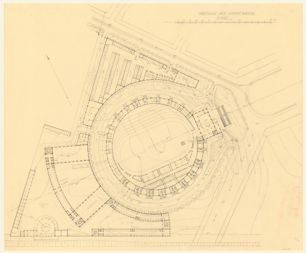 Schwarze-weißer architektonischer Plan eines Stadiongeländes mit umliegenden Gebäuden, beschriftet als der vorgeschlagene Sport Hall in London, mit handschriftlichen Anmerkungen.