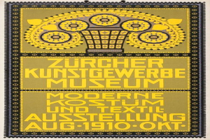 Ein Plakat für das Zürcher Kunstgewerbe Museum in Berlin, Deutschland, 1910, mit einem gelben Hintergrund, einer Schwarz-Weiß-Illustration eines Museumsgebäudes und der schwarzen, fetten Schrift "Zürcher Kunstgewerbe Museum".