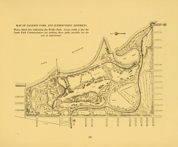 Ausführliche alte Karte von Jackson Park und umliegenden Bezirken, die Straßen, Parks und andere Merkmale zeigt.