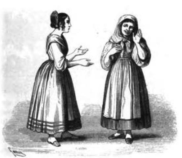 Zwei Frauen in 19. Jahrhundert-Kleidern nebeneinanderstehend, die sich unterhalten, mit Text unten, der "Frauen des 19. Jahrhunderts" lautet.