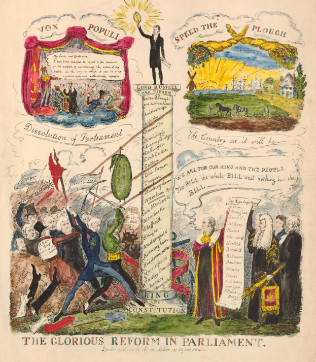 Ein buntes illustriertes Dokument mit der Überschrift "Die glorreichen Reformen im Parlament", das fette Schrift und verschiedene fröhliche Menschen zeigt, symbolisiert Fortschritt und Hoffnung.