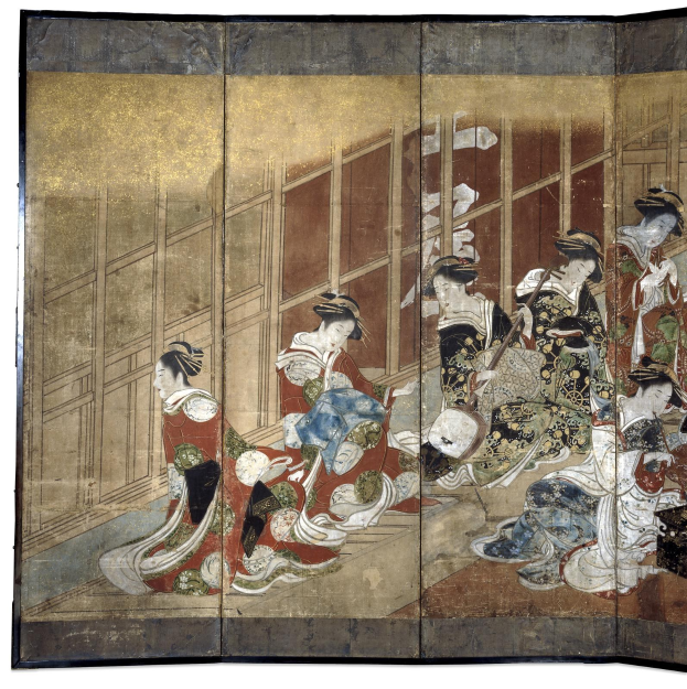 Ein japanisches Vier-Paneel-Bild aus der Meiji-Zeit, das Frauen in Kimonos zeigt, die in einem Kreis stehen, wobei eine Frau in der Mitte die Arme ausstreckt, vor einem tiefblauen Hintergrund in leuchtenden Farben.