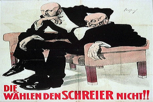 Ein deutscher Propagandaplakat für die NSDAP, das zwei Männer auf einem Sofa sitzend zeigt, mit Text, der parteiinterne Informationen enthält.