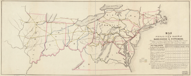 Eine gedruckte Karte der Vereinigten Staaten, die geplante Eisenbahnrouten von Harrisburg nach Pittsburgh zeigt, mit ausführlichem Text über die Eisenbahnlinien.