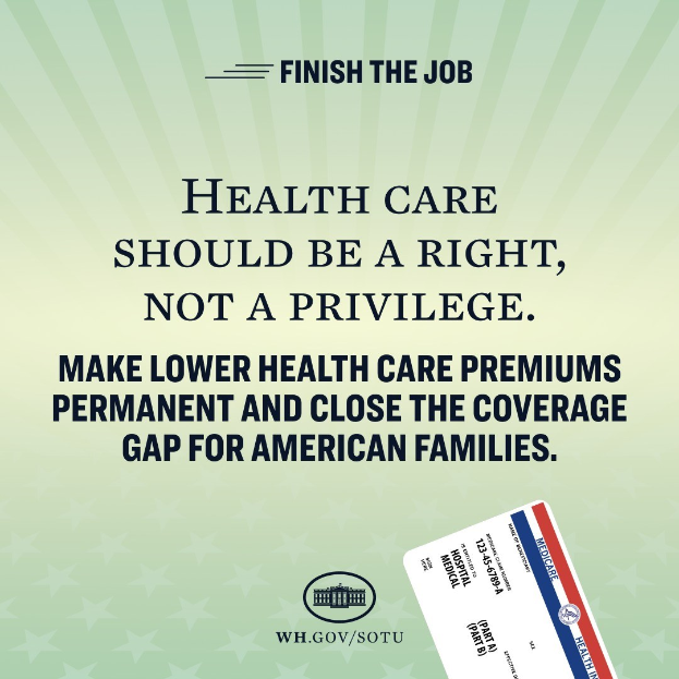 Plakat mit dem Text "Beenden Sie den Job: Gesundheit sollte ein Recht sein, nicht ein Privileg" und einer Karte mit der Aufschrift "Machen Sie niedrigere Gesundheitskosten dauerhaft und schließen Sie die Versorgungslücke für amerikanische Familien."